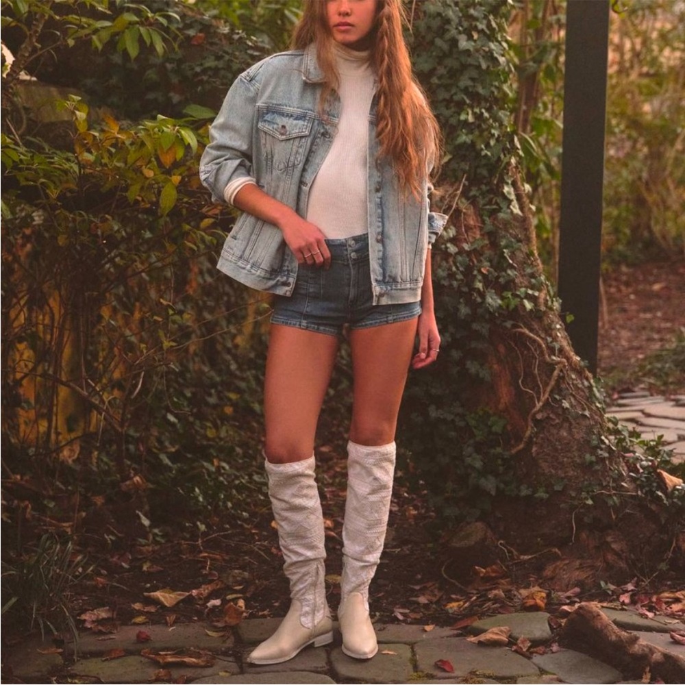 Free People Button Down Denim Trucker Jacket